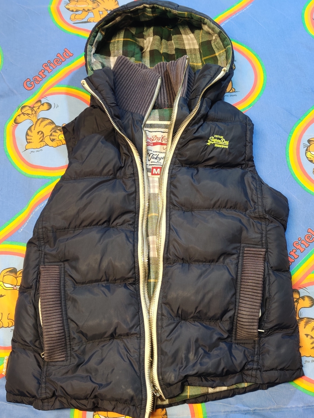 Superdry Mens M Plaid Flannel Lined Hooded Puffer Vest Navy Blue Padded Gilet